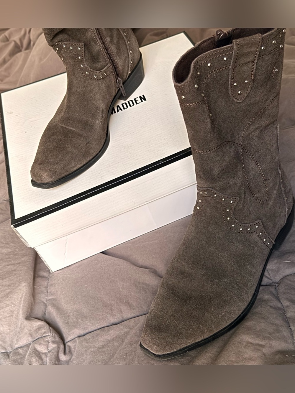 Zara Brown Suede Studded Western Ankle Boots